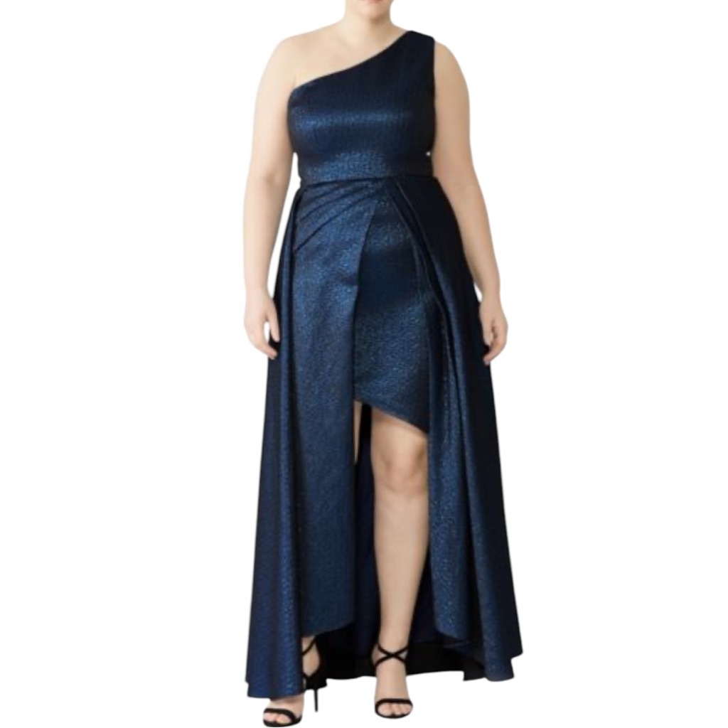 Monique Lhuillier Odyssey Textured Pleated Gown Size 16 Navy One Shoulder